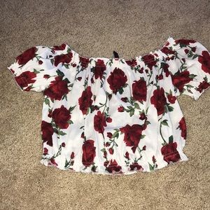 Rose print off the shoulder crop top
